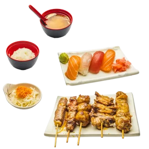 M10 - Soupe miso, salade, riz, 4 sushis assortis et 5 brochettes