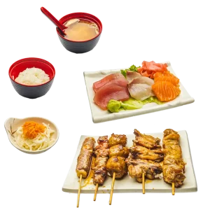 M11 - Soupe miso, salade, riz, 9 sashimis assortis et 5 brochettes