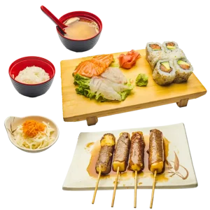 M12 - Soupe miso, salade, riz, 6 sashimis, 6 california rolls, 4 brochettes
