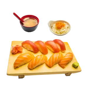 M18 - Soupe miso, salade, et 8 sushis : 4 saumon 4 thon