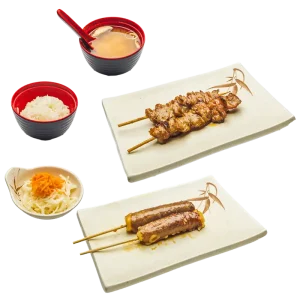 M2 - Soupe, salade et riz - 4 brochettes grillées : 2 bœuf au fromage, 2 bœuf