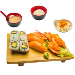 M27 - Soupe miso, salade, riz : 6 california rolls 9 sashimis 3 sushis