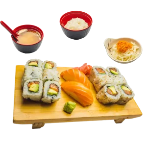M29 - Soupe miso, salade, 12 california rolls saumon avocat et 2 sushis saumon