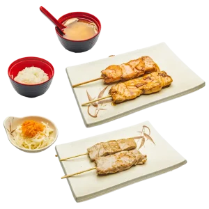 M3 - Soupe, salade et riz - 4 brochettes grillées : 2 saumon, 2 thon