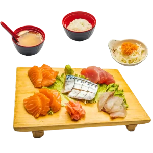M35 - Soupe miso, salade, riz et 20 sashimis assortis
