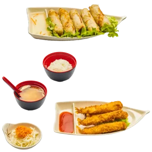 M39 - Soupe miso, salade, riz, 5 tempuras de crevettes et 4 nems