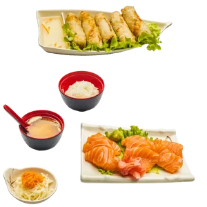 M39A - Soupe miso, salade, riz 9 sashimis saumon et 4 nems