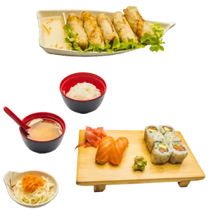M39B - Soupe miso, salade, riz, 6 california saumon avocat 2 sushis saumon et 4 nems