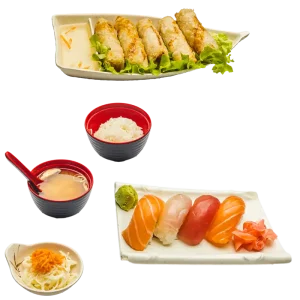 M39C - Soupe miso, salade, riz, 4 sushis assorties et 4 nems
