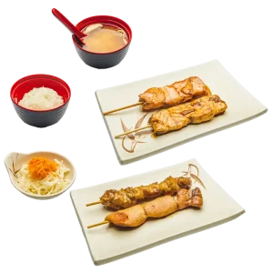M4 - Soupe, salade et riz - 4 brochettes grillées : 2 saumon, 2 thon