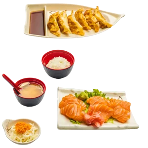 M41A - Soupe miso, salade, riz, 9 sashimis saumon et 6 gyozas