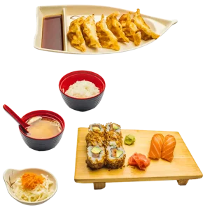 M41B - Soupe miso, salade, riz, 6 oignon rolls saumon avocat, 2 sushis saumonet 6 gyozas