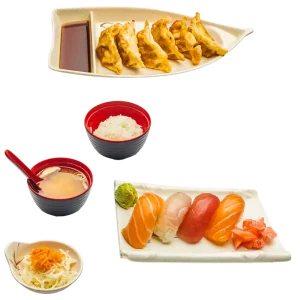 M41C - Soupe miso, salade, riz, 4 sushis assortis et 6 gyozas