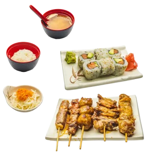 M9 - Soupe miso, salade, riz, 6 california rolls saumon avocat et 5 brochettes
