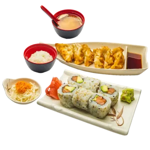 MD2 - Soupe miso, salade, riz, 6 gyozas au poulet et 6 california rolls saumon avocat