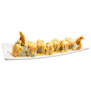 RS2 - Tempuras de crevettes, cheese, cacahuètes grillées, saumon mi-cuit, sauce dynamite